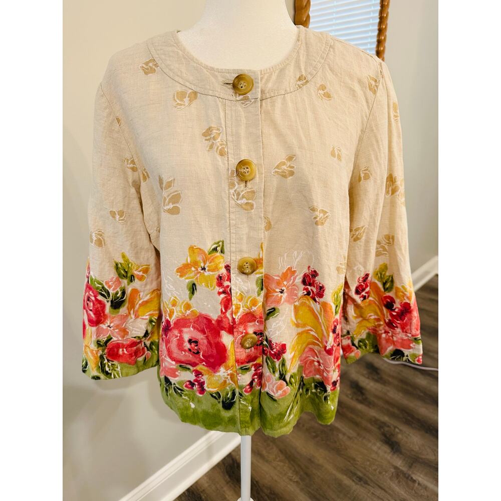 Linen Floral Button Up Jacket Top Women’s 12 Tan Pink Lagenlook Lightweight - Picture 3 of 10